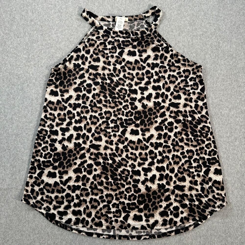 BIBI Leopard Print Halter Tank Top Women's Medium Sleeveless Black Brown Stretch